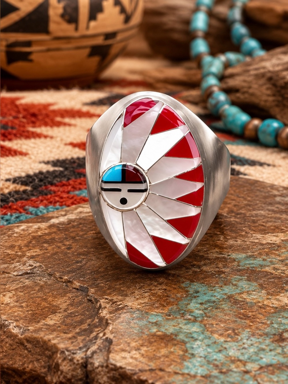 Zuni Native American Sterling Silver Turquoise Multi Stone Inlay Mens Ring 10.5